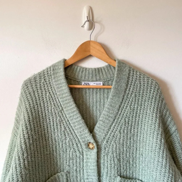 Zara Light Blue/green oversized  Cardigan Sweater, size small with pockets - Picture 7 of 11